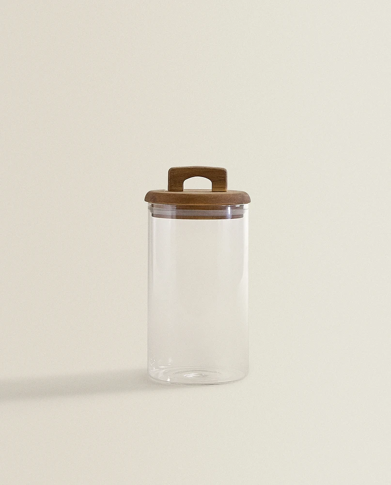 BOROSILICATE GLASS AND WOOD STORAGE JAR