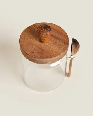 BOROSILICATE GLASS AND WOODEN SUGAR BOWL