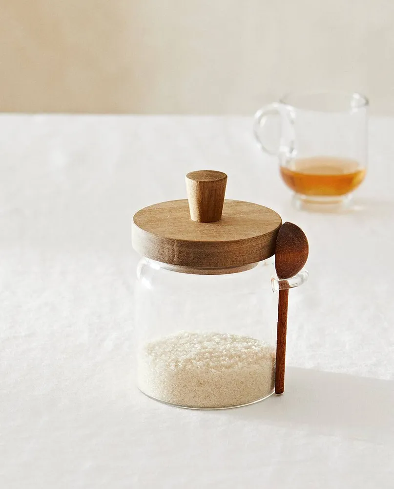 BOROSILICATE GLASS AND WOODEN SUGAR BOWL