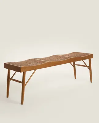 WOOD AND RATTAN BENCH
