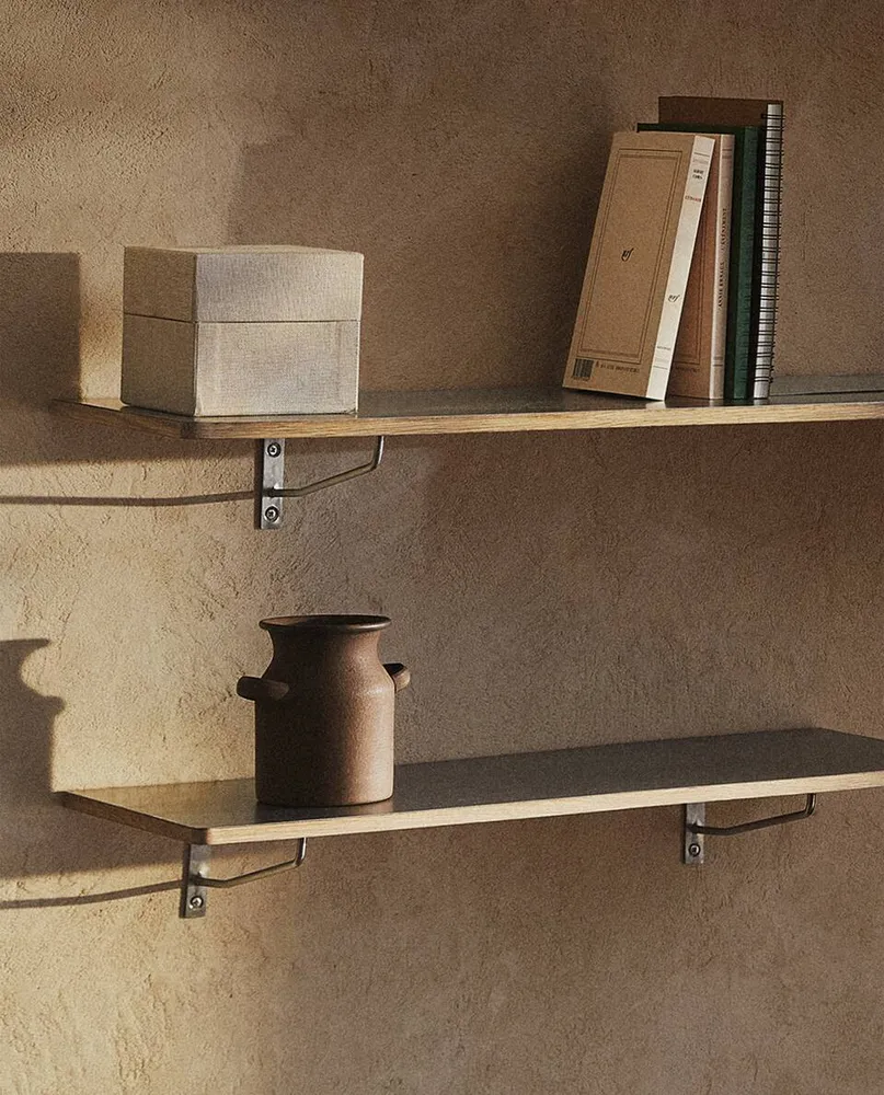 OAK SHELVING UNIT WITH METAL SUPPORT