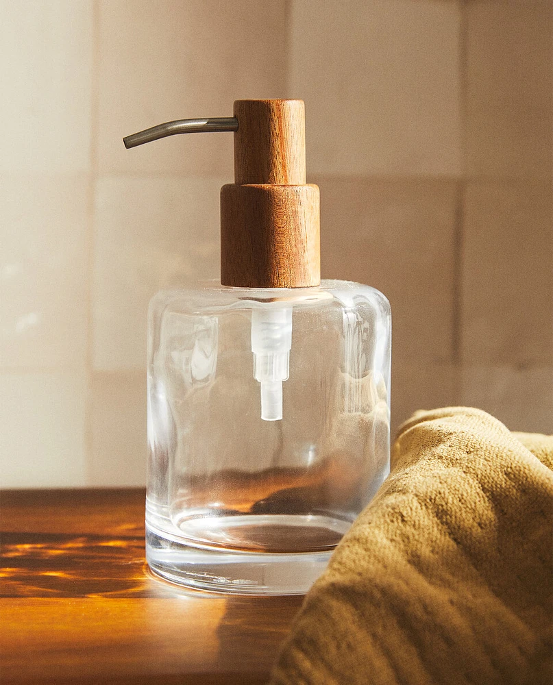 GLASS AND WOOD BATHROOM DISPENSER