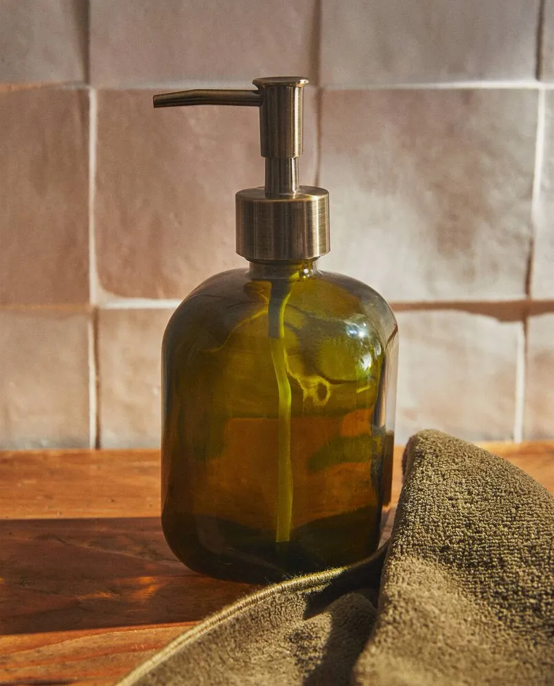 OLIVE GREEN GLASS BATHROOM DISPENSER