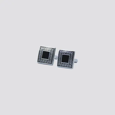 Square Silver Cuff Links with Black Pattern