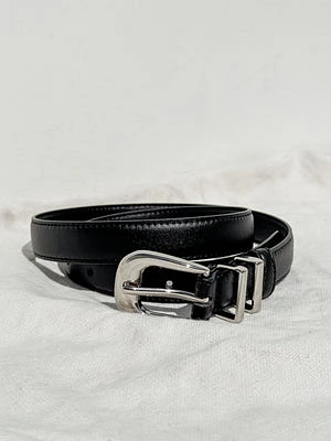 Black Skinny Leather Belt with Silver Buckle