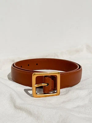 Square Gold Buckle Leather Belt Tan