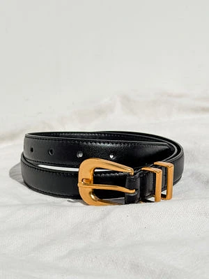 Black Skinny Leather Belt with Gold Buckle