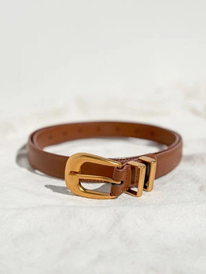 Tan Skinny Leather Belt with Gold Buckle