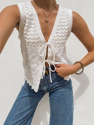 Lucy Crochet Tie Front Top Ivory