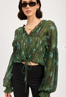 Button front ruffled blouse- IPK1868T, Hunter green