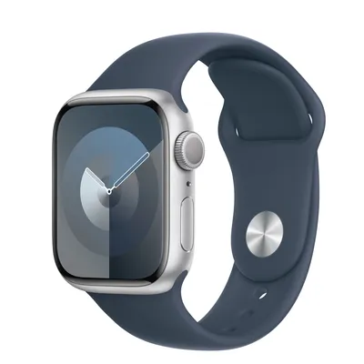 Apple Watch Series 9 GPS, 41mm Silver Aluminum Case with Storm Blue Sport Band - S/M