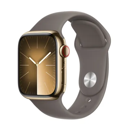 Apple Watch Series 9 GPS + Cellular, 41mm Gold Stainless Steel Case with Clay Sport Band - S/M