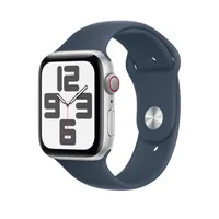 Apple Watch SE GPS + Cellular, 44mm Silver Aluminum Case with Storm Blue Sport Band - S/M