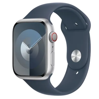 Apple Watch Series 9 GPS + Cellular, 45mm Silver Aluminum Case with Storm Blue Sport Band - S/M