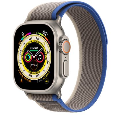 Apple Watch Ultra GPS + Cellular, 49mm Titanium Case with Blue/Gray Trail Loop - S/M