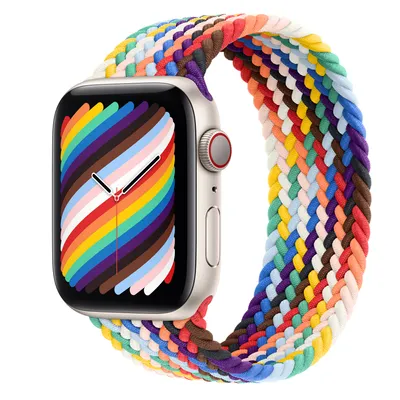 Apple Watch SE GPS + Cellular, 44mm Starlight Aluminum Case with Pride Edition Braided Solo Loop