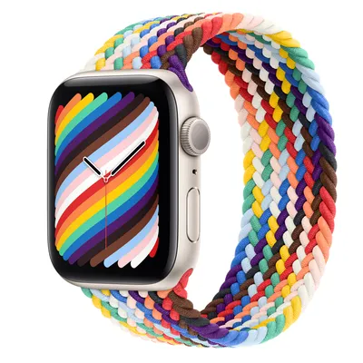 Apple Watch SE GPS, 44mm Starlight Aluminum Case with Pride Edition Braided Solo Loop