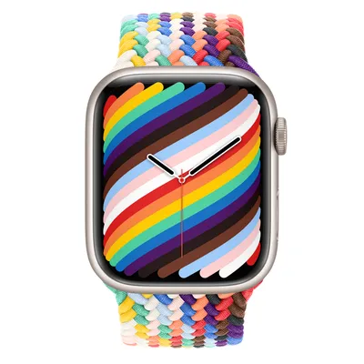 Apple Watch Series 8 GPS + Cellular, 45mm Starlight Aluminum Case with Pride Edition Braided Solo Loop - Size 4
