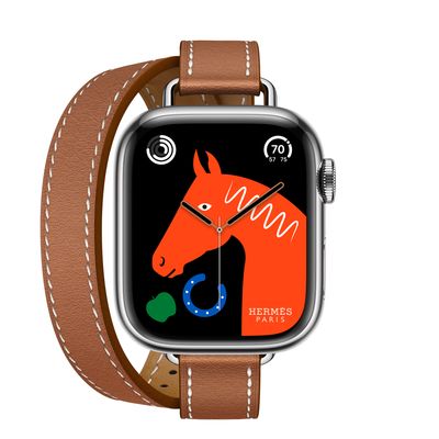 Apple Watch Hermès Series 8 GPS + Cellular, 41mm Silver Stainless Steel Case with Gold Swift Leather Attelage Double Tour