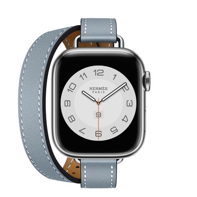 Apple Watch Hermès GPS + Cellular, 41mm Silver Stainless Steel Case with Bleu Lin Swift Leather Attelage Double Tour
