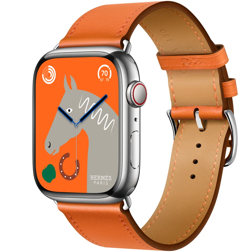 Apple Watch Hermès Series GPS Cellular, 45mm Silver Stainless Steel  Case with Orange Swift Leather Single Tour Bridge Street Town Centre