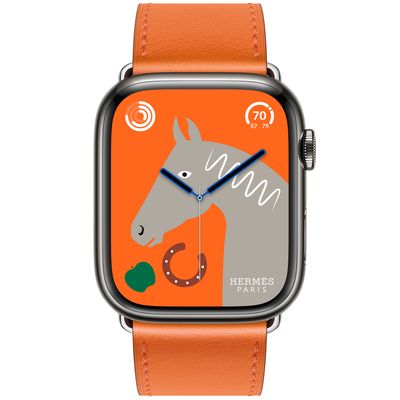 Apple Watch Hermès Series 8 GPS + Cellular, 45mm Space Black Stainless Steel Case with Orange Swift Leather Single Tour