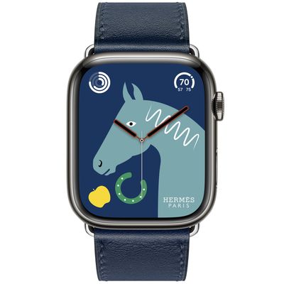 Apple Watch Hermès Series 8 GPS + Cellular, 45mm Space Black Stainless Steel Case with Navy Swift Leather Single Tour