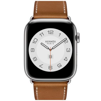 Apple Watch Hermès Series 8 GPS + Cellular, 45mm Silver Stainless Steel Case with Fauve Barénia Leather Single Tour Deployment Buckle