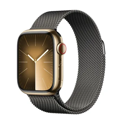 Apple Watch Series 9 GPS + Cellular, 41mm Gold Stainless Steel Case with Graphite Milanese Loop