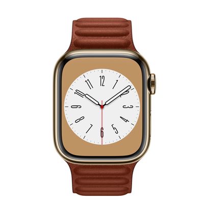 Apple Watch Series 8 GPS + Cellular, 41mm Gold Stainless Steel Case with Umber Leather Link - S/M