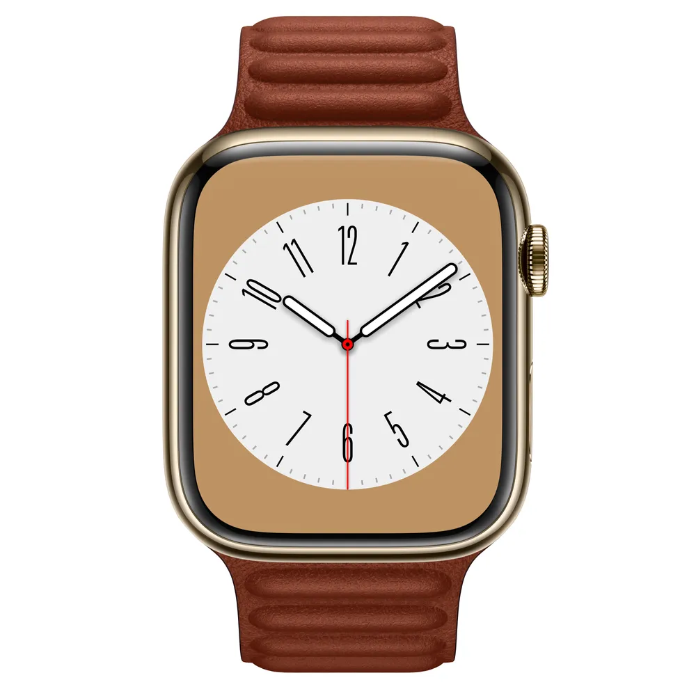 Apple Watch Series 8 GPS + Cellular, 45mm Gold Stainless Steel Case with Umber Leather Link - S/M