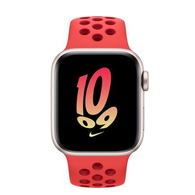 Apple Watch SE GPS + Cellular, 40mm Starlight Aluminum Case with Bright Crimson/Gym Red Nike Sport Band - S/M