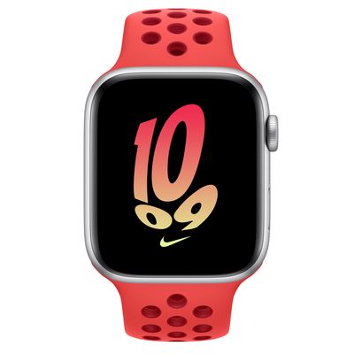 Apple Watch SE GPS + Cellular, 44mm Silver Aluminum Case with Bright Crimson/Gym Red Nike Sport Band - S/M