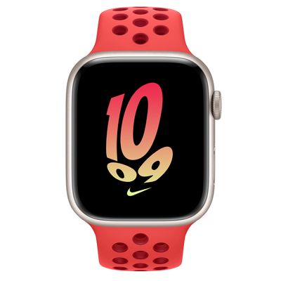 Apple Watch Series 8 GPS + Cellular, 45mm Starlight Aluminum Case with Bright Crimson/Gym Red Nike Sport Band - S/M