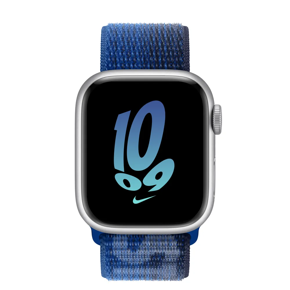 Apple Watch Series 8 GPS, 41mm Silver Aluminum Case with Game Royal/Midnight Navy Nike Sport Loop