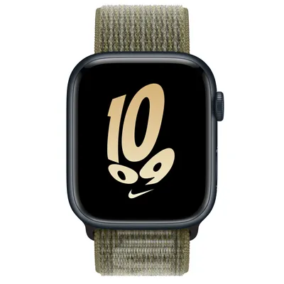 Apple Watch Series 8 GPS, 45mm Midnight Aluminum Case with Sequoia/Pure Platinum Nike Sport Loop