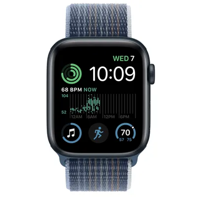 Apple Watch SE GPS, 44mm Midnight Aluminum Case with Storm Blue Sport Loop