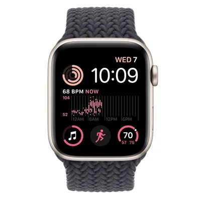 Apple Watch SE GPS, 44mm Starlight Aluminum Case with Midnight Braided Solo Loop - Size 1