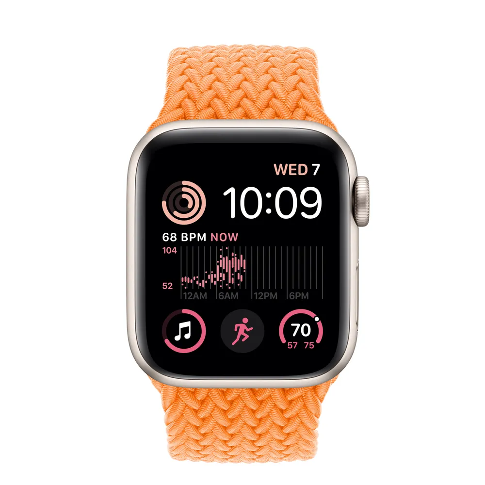 Apple Watch SE GPS + Cellular, 40mm Starlight Aluminum Case with Bright Orange Braided Solo Loop - Size 1