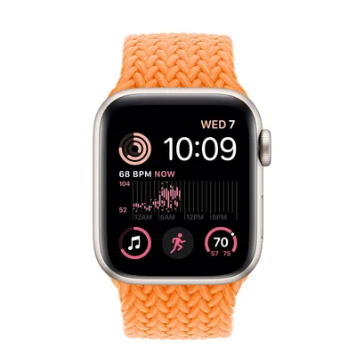 Apple Watch SE GPS + Cellular, 40mm Starlight Aluminum Case with Bright Orange Braided Solo Loop - Size 1