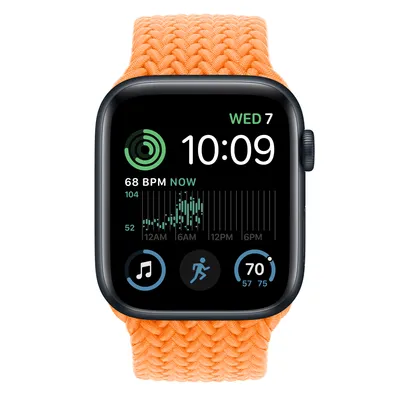 Apple Watch SE GPS + Cellular, 44mm Midnight Aluminum Case with Bright Orange Braided Solo Loop - Size 1
