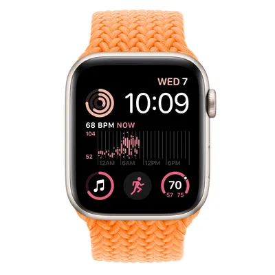 Apple Watch SE GPS + Cellular, 44mm Starlight Aluminum Case with Bright Orange Braided Solo Loop - Size 1