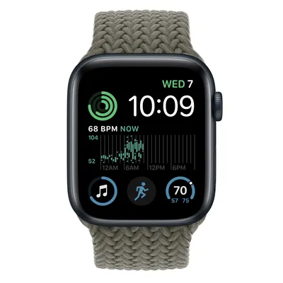Apple Watch SE GPS + Cellular, 44mm Midnight Aluminum Case with Olive Braided Solo Loop - Size 1