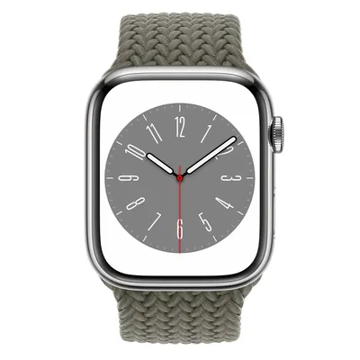Apple Watch Series 8 GPS + Cellular, 45mm Silver Stainless Steel Case with Olive Braided Solo Loop - Size 1