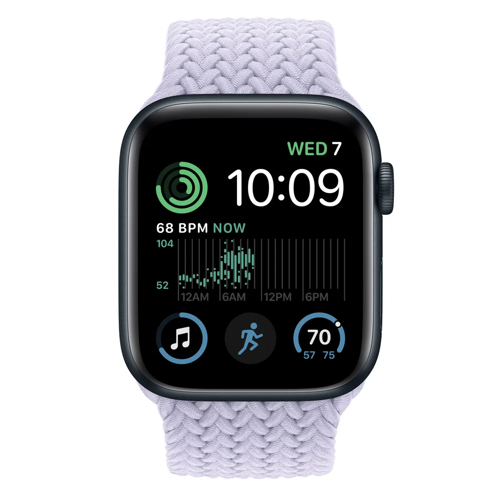Apple Watch SE GPS + Cellular, 44mm Midnight Aluminum Case with Purple Fog Braided Solo Loop - Size 1