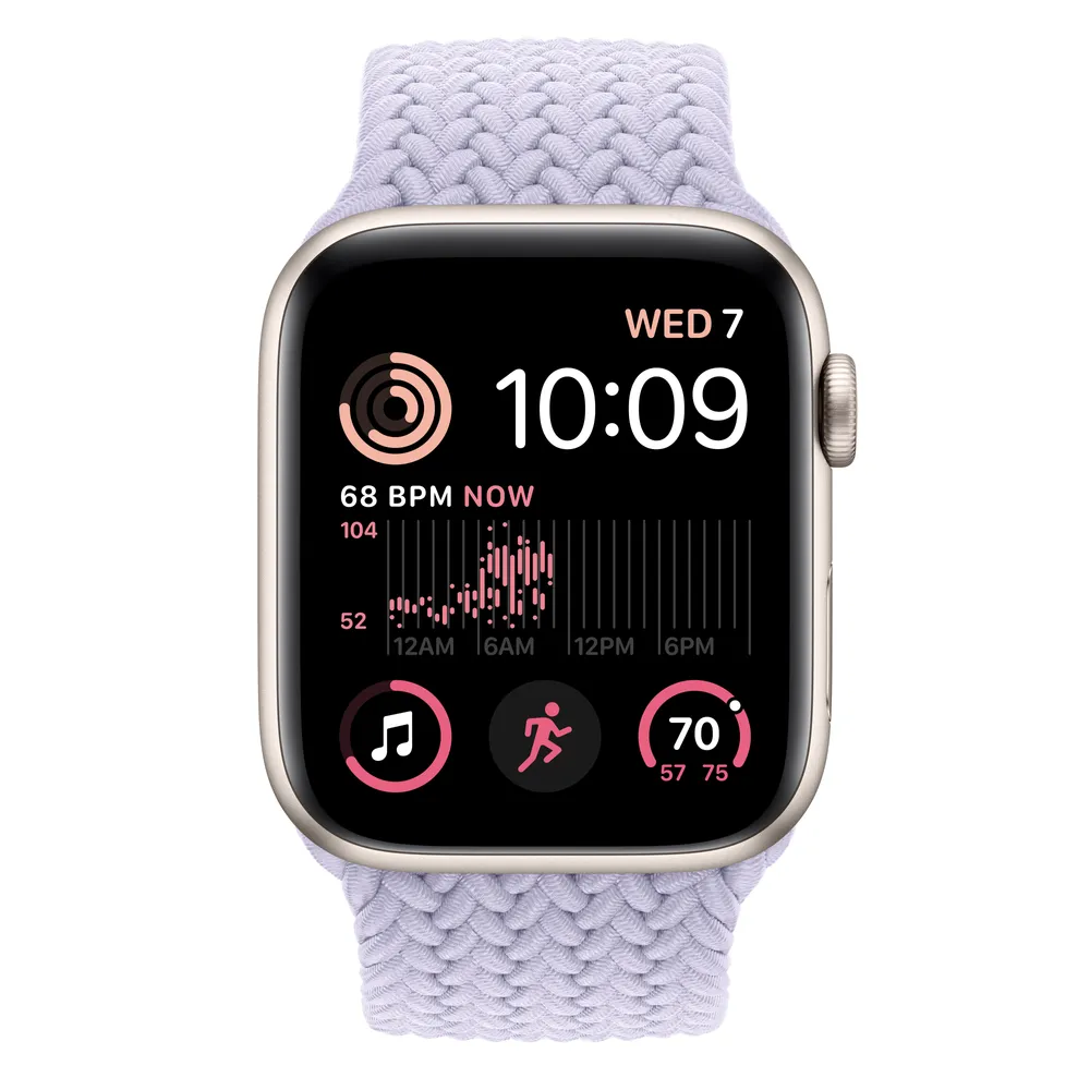 Apple Watch SE GPS + Cellular, 44mm Starlight Aluminum Case with Purple Fog Braided Solo Loop - Size 1
