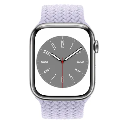Apple Watch Series 8 GPS + Cellular, 45mm Silver Stainless Steel Case with Purple Fog Braided Solo Loop - Size 1