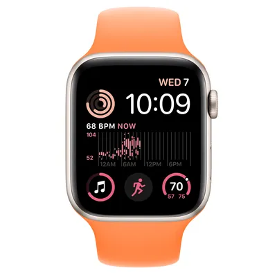 Apple Watch SE GPS, 44mm Starlight Aluminum Case with Bright Orange Sport Band - S/M