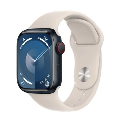 Apple Watch Series 9 GPS + Cellular, 41mm Midnight Aluminum Case with Starlight Sport Band - S/M