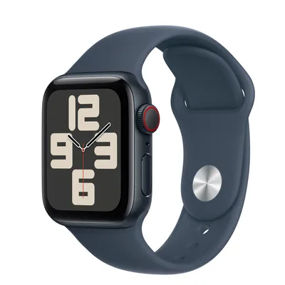 Apple Watch SE GPS + Cellular, 40mm Midnight Aluminium Case with Storm Blue Sport Band - S/M